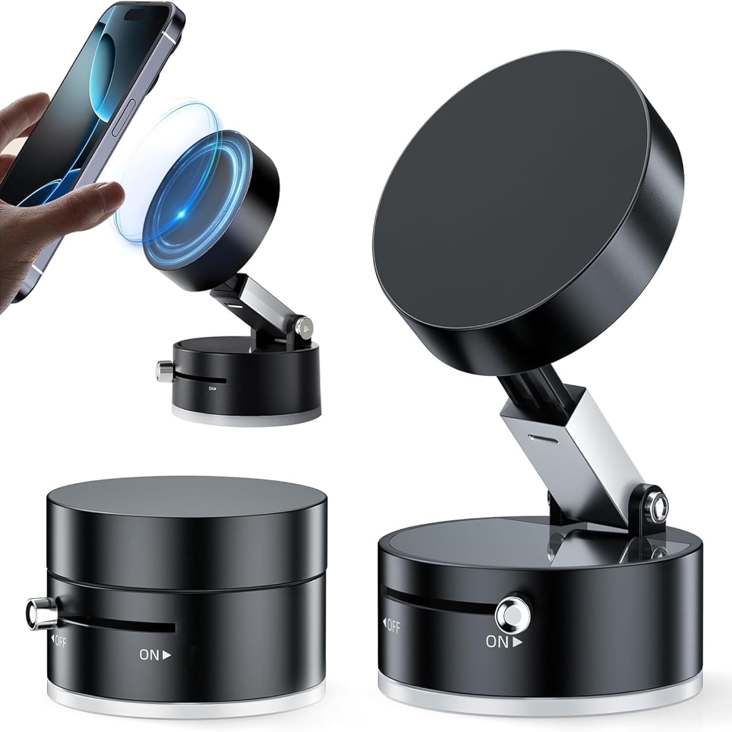 Magnetic Car Mobile Holder For Dashboard Vacuum Suction Phone Holder Mount Hand Free Magnetic Cell Phone Stand With Strong Grip Shockproof Suction Cup Mount For Car Gym Office Table - Black
