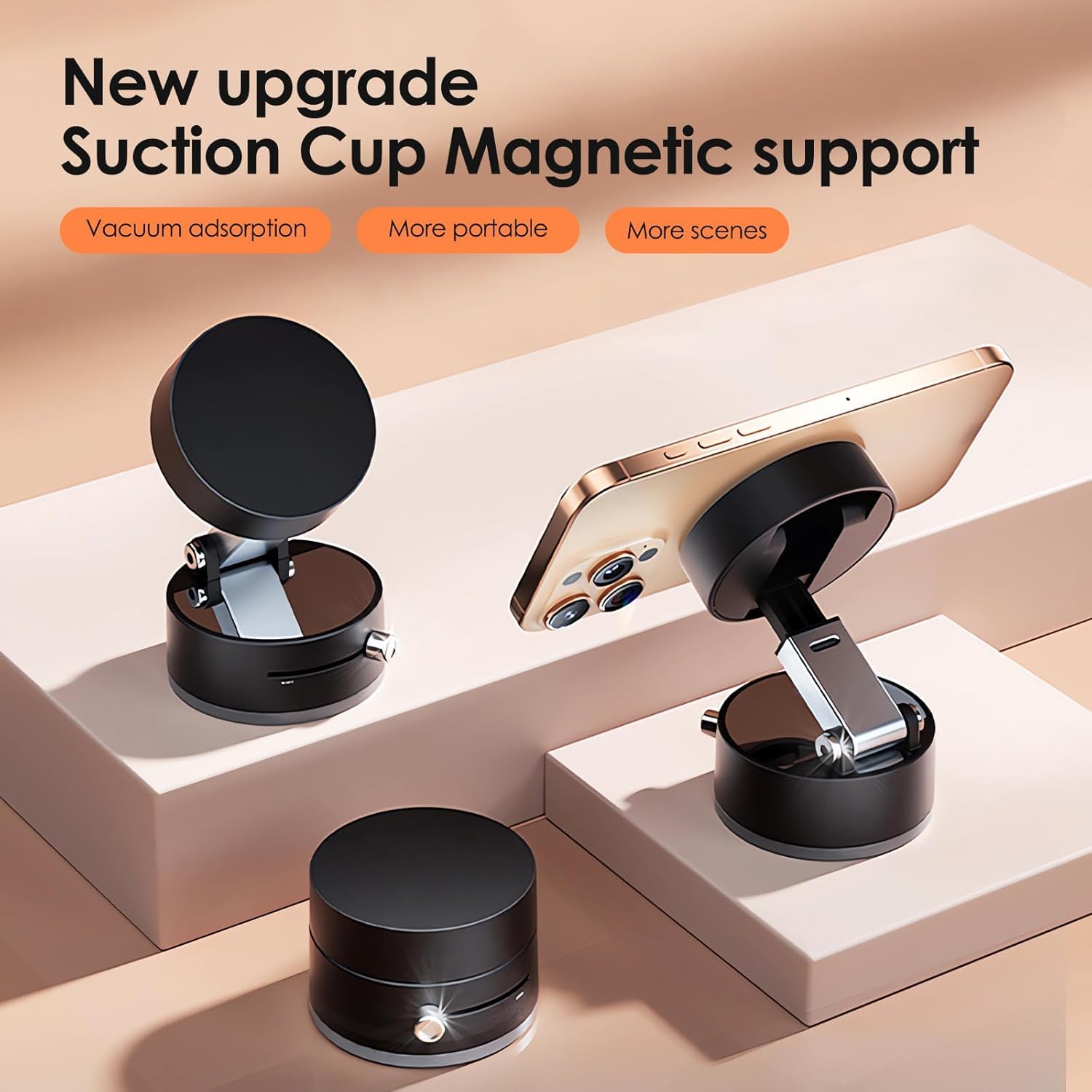 Magnetic Car Mobile Holder For Dashboard Vacuum Suction Phone Holder Mount Hand Free Magnetic Cell Phone Stand With Strong Grip Shockproof Suction Cup Mount For Car Gym Office Table - Black